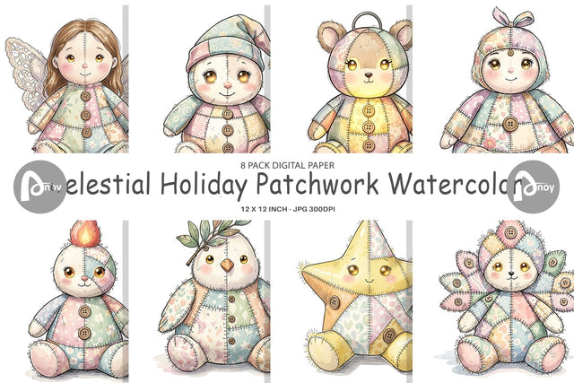 Digital Paper Celestial Holiday Patchwork Watercolor Digital Pattern artnoy 