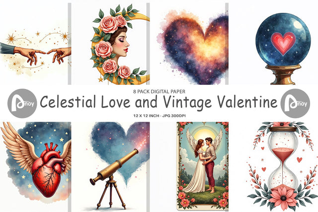 Digital Paper Celestial Love & Vintage Valentine Watercolor Digital Pattern artnoy 