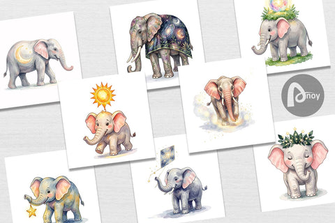 Digital Paper Celestial Night Elephant Watercolor Digital Pattern artnoy 