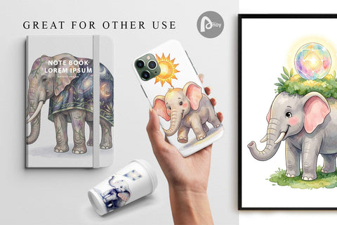 Digital Paper Celestial Night Elephant Watercolor Digital Pattern artnoy 