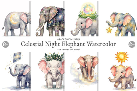 Digital Paper Celestial Night Elephant Watercolor Digital Pattern artnoy 