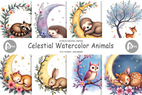 Digital Paper Celestial Watercolor Animals Digital Pattern artnoy 