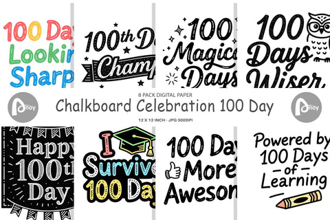 Digital Paper Chalkboard Celebration 100 Days Quotes Digital Pattern artnoy 