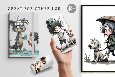 Digital Paper Chaotic Girl Dog Digital Pattern artnoy 