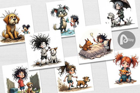 Digital Paper Chaotic Girl Dog Digital Pattern artnoy 