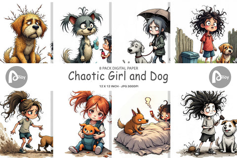 Digital Paper Chaotic Girl Dog Digital Pattern artnoy 