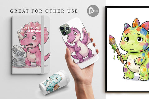 Digital Paper Chaotic Messy Baby Dino Watercolor Digital Pattern artnoy 