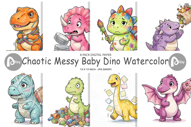 Digital Paper Chaotic Messy Baby Dino Watercolor Digital Pattern artnoy 
