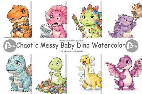 Digital Paper Chaotic Messy Baby Dino Watercolor Digital Pattern artnoy 