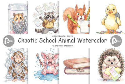 Digital Paper Chaotic School Animal Watercolor Digital Pattern artnoy 