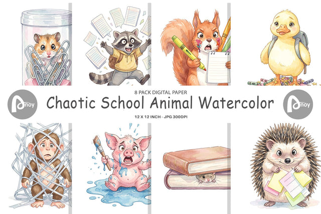 Digital Paper Chaotic School Animal Watercolor Digital Pattern artnoy 