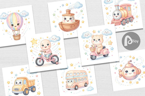 Digital Paper Cheerful Nursery Vehicle Watercolor Digital Pattern artnoy 