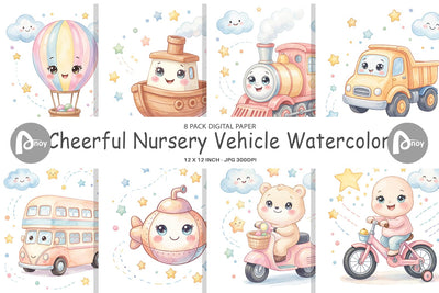 Digital Paper Cheerful Nursery Vehicle Watercolor Digital Pattern artnoy 