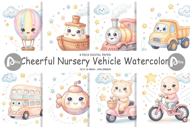 Digital Paper Cheerful Nursery Vehicle Watercolor Digital Pattern artnoy 