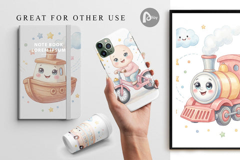 Digital Paper Cheerful Nursery Vehicle Watercolor Digital Pattern artnoy 