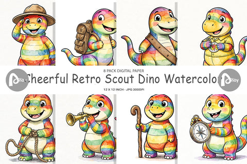 Digital Paper Cheerful Retro Scout Dino Watercolor Digital Pattern artnoy 