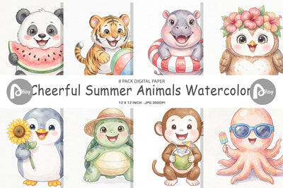 Digital Paper Cheerful Summer Animals Watercolor Digital Pattern artnoy 