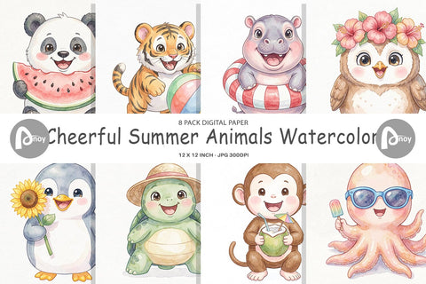 Digital Paper Cheerful Summer Animals Watercolor Digital Pattern artnoy 