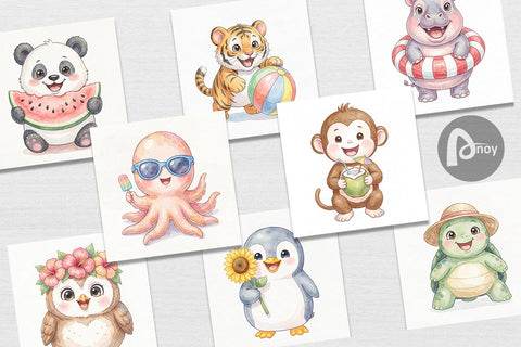 Digital Paper Cheerful Summer Animals Watercolor Digital Pattern artnoy 