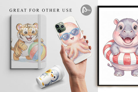 Digital Paper Cheerful Summer Animals Watercolor Digital Pattern artnoy 