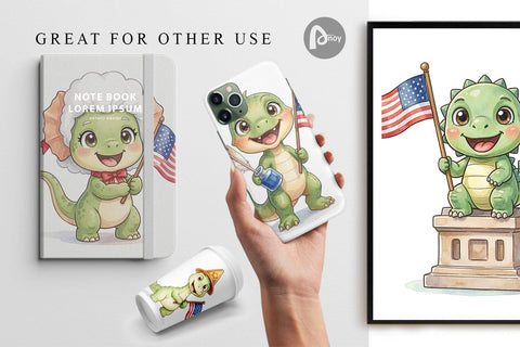 Digital Paper Chibi Founding Father Dino Watercolor Digital Pattern artnoy 