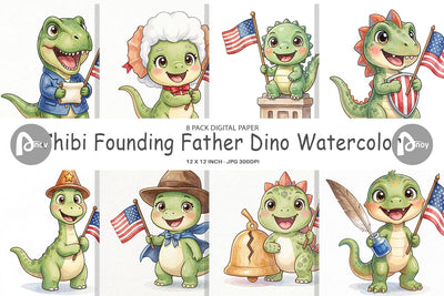 Digital Paper Chibi Founding Father Dino Watercolor Digital Pattern artnoy 