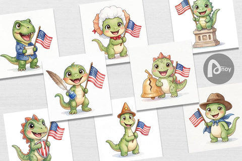 Digital Paper Chibi Founding Father Dino Watercolor Digital Pattern artnoy 