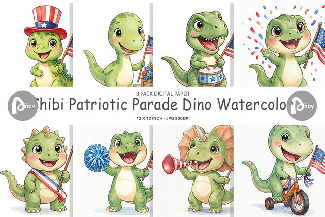 Digital Paper Chibi Patriotic Parade Dino Watercolor Digital Pattern artnoy 