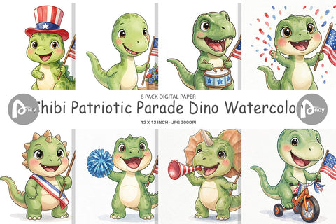 Digital Paper Chibi Patriotic Parade Dino Watercolor Digital Pattern artnoy 