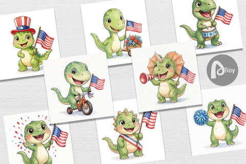 Digital Paper Chibi Patriotic Parade Dino Watercolor Digital Pattern artnoy 