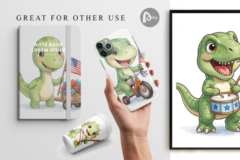 Digital Paper Chibi Patriotic Parade Dino Watercolor Digital Pattern artnoy 