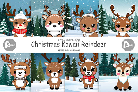 Digital Paper Christmas Kawaii Reindeer Digital Pattern artnoy 