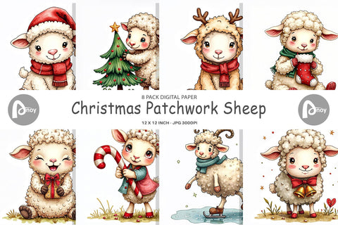 Digital Paper Christmas Patchwork Sheep Digital Pattern artnoy 