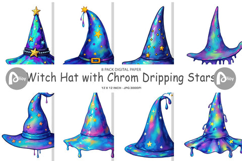 Digital Paper Chrome Star Witch Hat Digital Pattern artnoy 