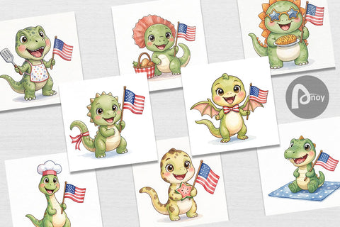 Digital Paper Chubby BBQ Dino Patriotic Watercolor Digital Pattern artnoy 