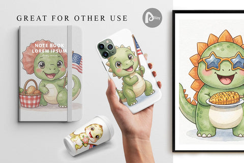 Digital Paper Chubby BBQ Dino Patriotic Watercolor Digital Pattern artnoy 