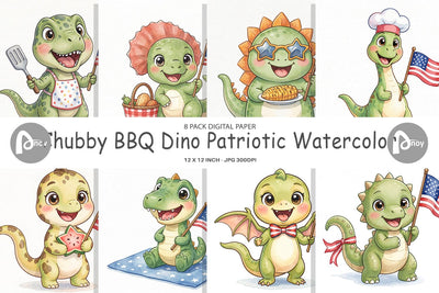 Digital Paper Chubby BBQ Dino Patriotic Watercolor Digital Pattern artnoy 