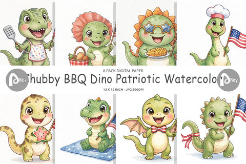 Digital Paper Chubby BBQ Dino Patriotic Watercolor Digital Pattern artnoy 