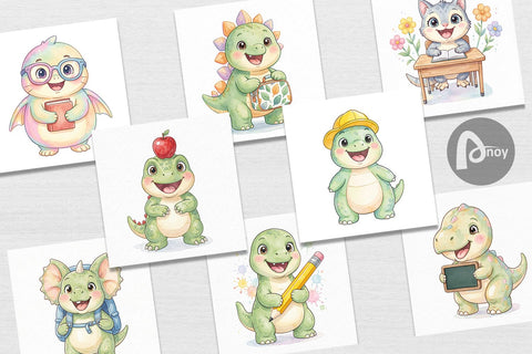 Digital Paper Chubby School Dino Watercolor Sublimation artnoy 
