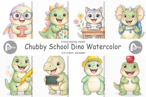 Digital Paper Chubby School Dino Watercolor Sublimation artnoy 
