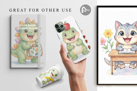 Digital Paper Chubby School Dino Watercolor Sublimation artnoy 