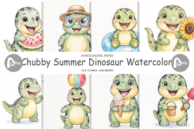 Digital Paper Chubby Summer Dinosaur Watercolor Digital Pattern artnoy 