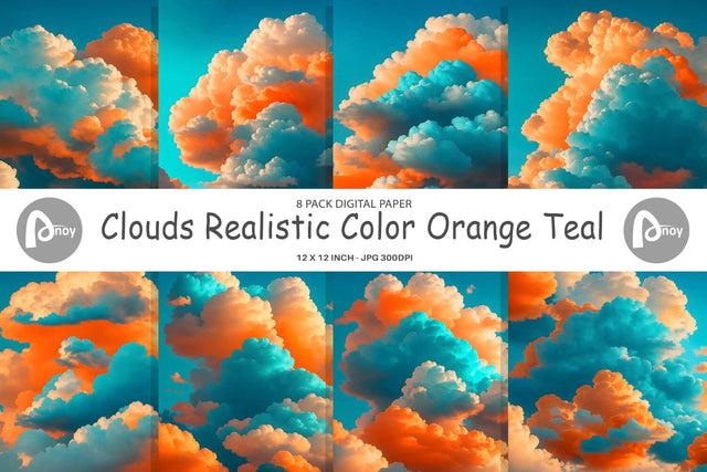 Digital paper Clouds Realistic Orange Teal Digital Pattern artnoy 
