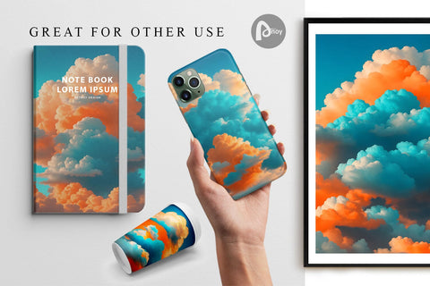 Digital paper Clouds Realistic Orange Teal Digital Pattern artnoy 