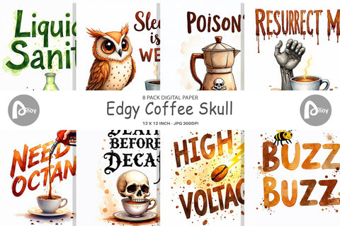 Digital Paper Coffee Skull Humor Sarcastic Quotes Digital Pattern artnoy 