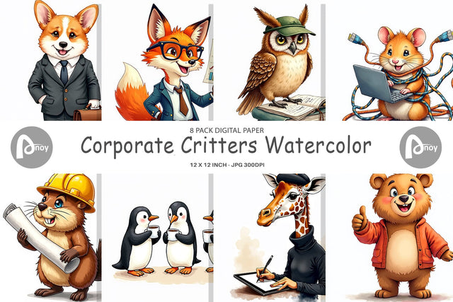 Digital Paper Corporate Critters Watercolor Digital Pattern artnoy 