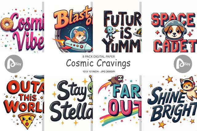 Digital Paper Cosmic Cravings 80s Retro Kawaii Space Quotes Digital Pattern artnoy 