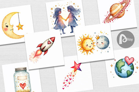 Digital Paper Cosmic Love Celestial Valentine Watercolor Art Digital Pattern artnoy 