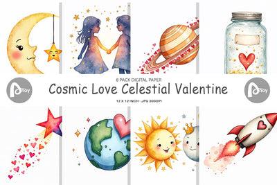 Digital Paper Cosmic Love Celestial Valentine Watercolor Art Digital Pattern artnoy 