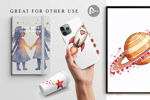 Digital Paper Cosmic Love Celestial Valentine Watercolor Art Digital Pattern artnoy 